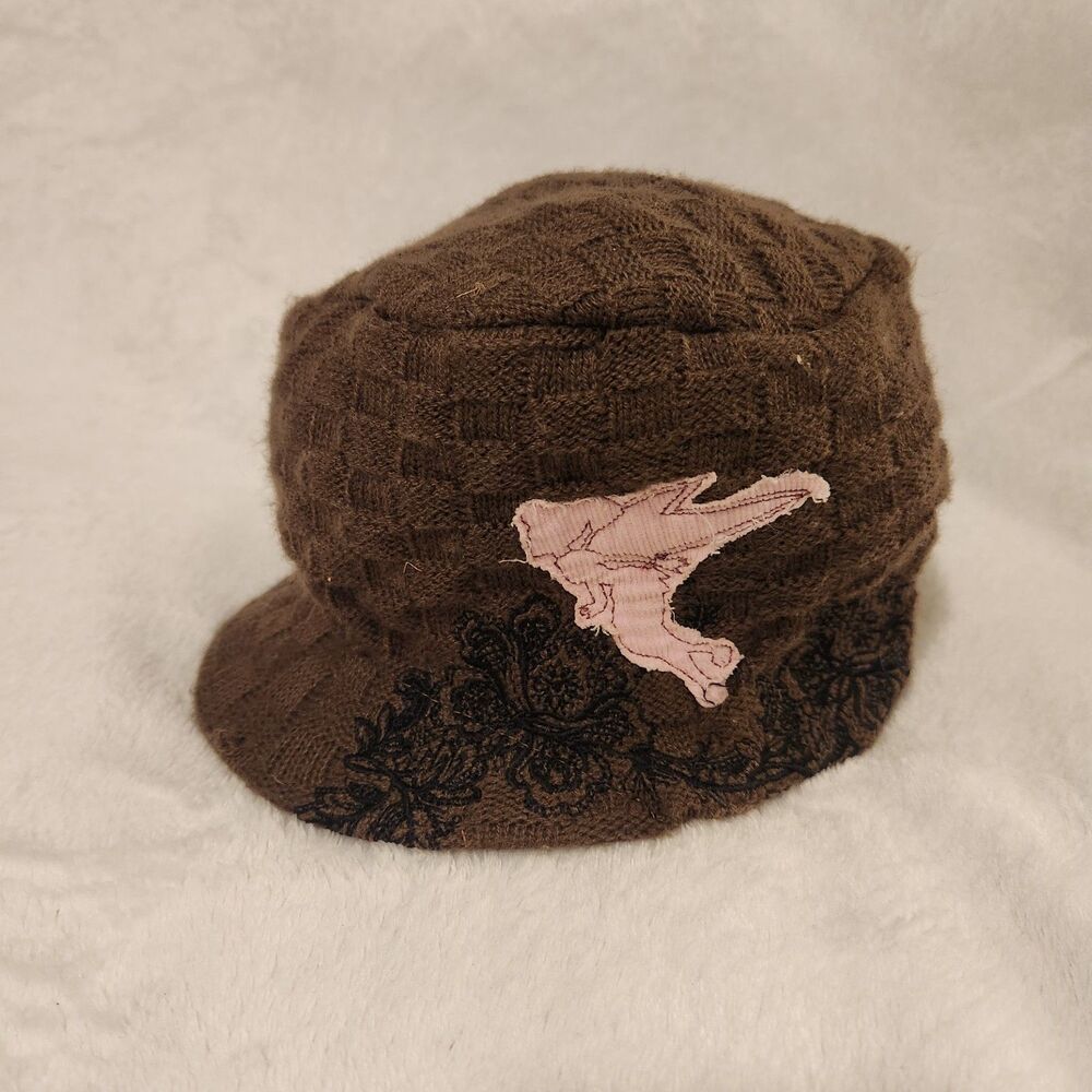 Vtg Y2K Disney Tinkerbell Brown Knit Cadet Hat Brimmed Beanie EUC